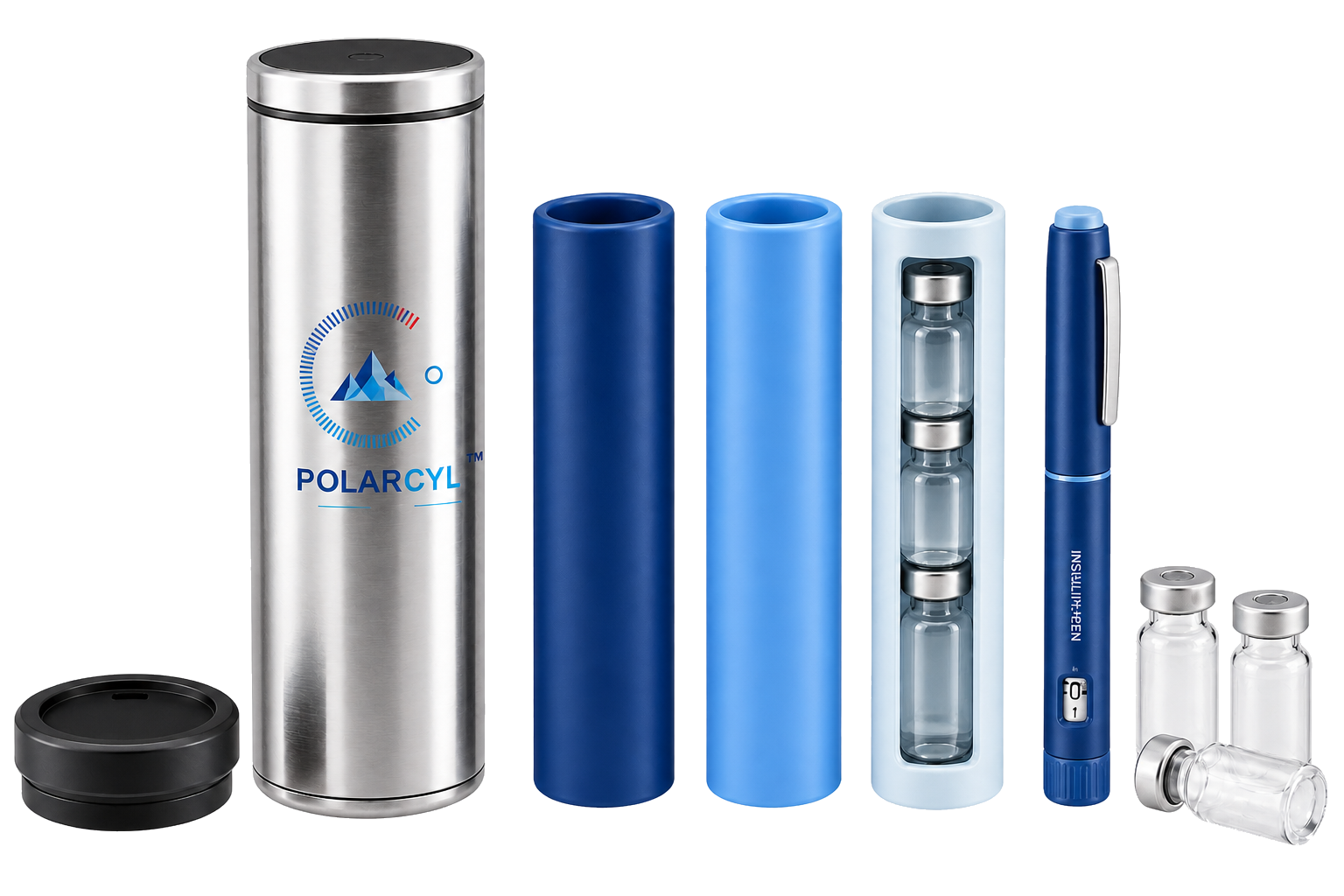 POLARCYL reusable tumbler, PCM cylinders, injector pen, and medication vials
