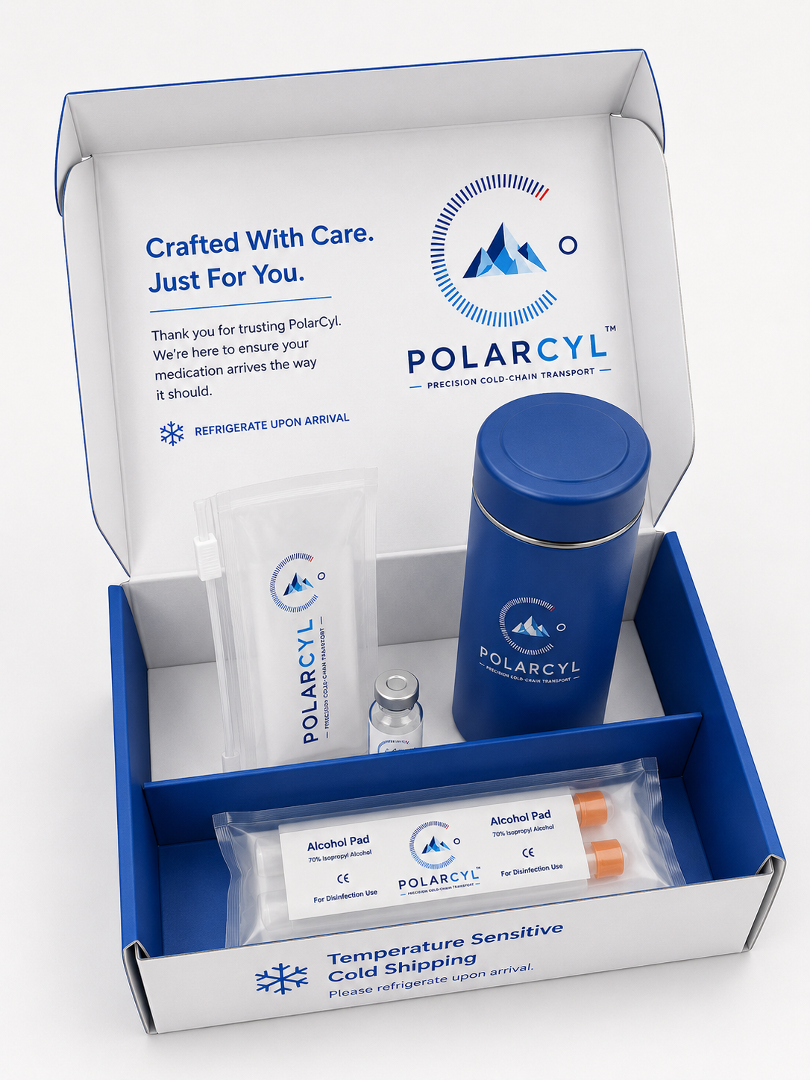 POLARCYL branded unboxing kit with tumbler, vial sleeve, cold-shipping message, and support supplies